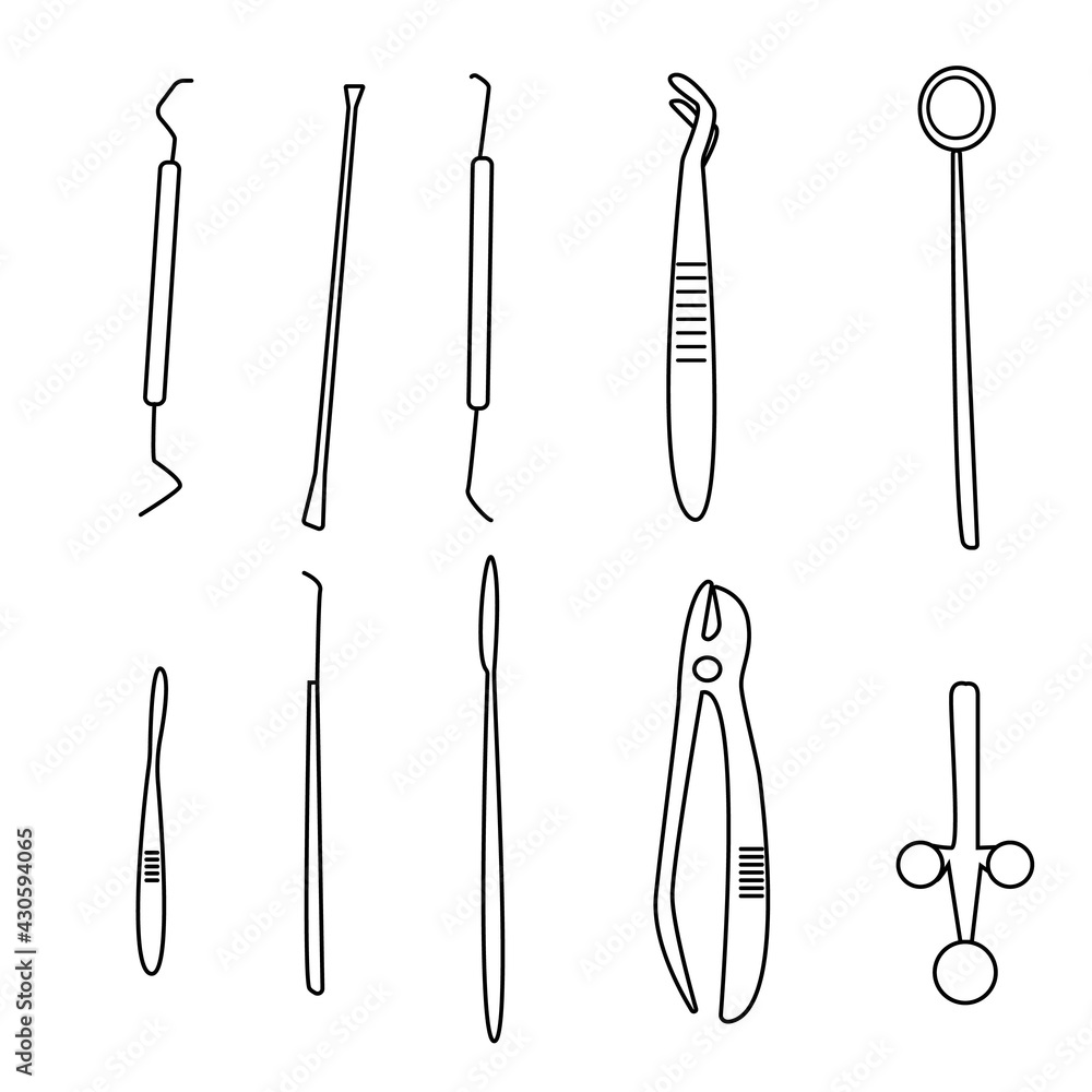 Professional dental tools set for dental examination in doodle style, tools on white background. outline of equipment for the treatment of toothache Professional dental tools set for dental examination in doodle style, tools on white background. outline of equipment for the treatment of toothache