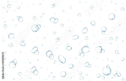 Oxygen air bubbles flow in water on white background.
