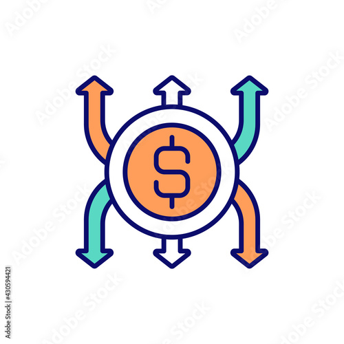 Cash flow RGB color icon. Investing activities. Goods, services sale. Money increasing and decreasing in business. Financial operations. Cash leaving, entering company. Isolated vector illustration
