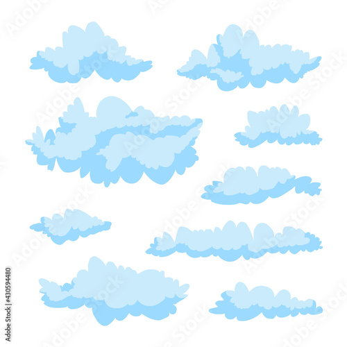 Fototapeta Naklejka Na Ścianę i Meble -  Blue beautiful fluffy curly clouds on a white background. A set of cute clouds.