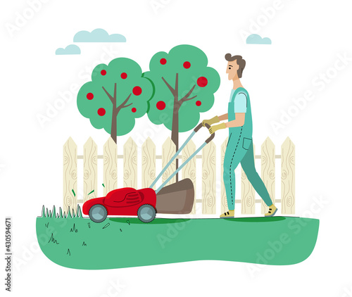 Gardener with lawn mower and garden tools. Vector illustration of lawn mowing service.