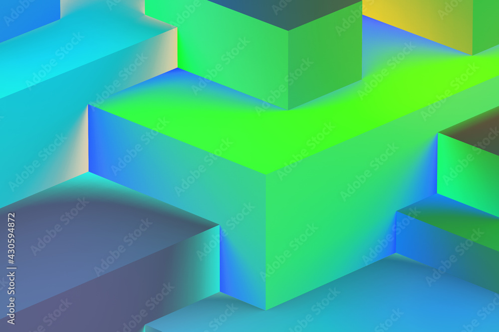 Abstract geometric cubic colorful in neon lights background. isometric 3d render. Abstract geometric cubic colorful in neon lights background. isometric 3d render.