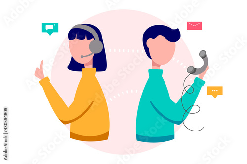 Male and female call center operators. Customer service, online and phone consultation. Vector flat style illustration.