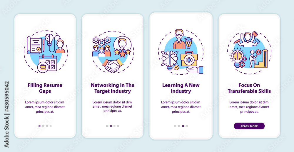 Transition job pros onboarding mobile app page screen with concepts. Career change benefits walkthrough five steps graphic instructions. UI, UX, GUI vector template with linear color illustrations