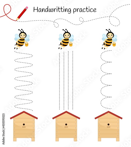 Handwriting practice sheet. Basic writing. Educational game for children. Help the bees to get to their homes.
