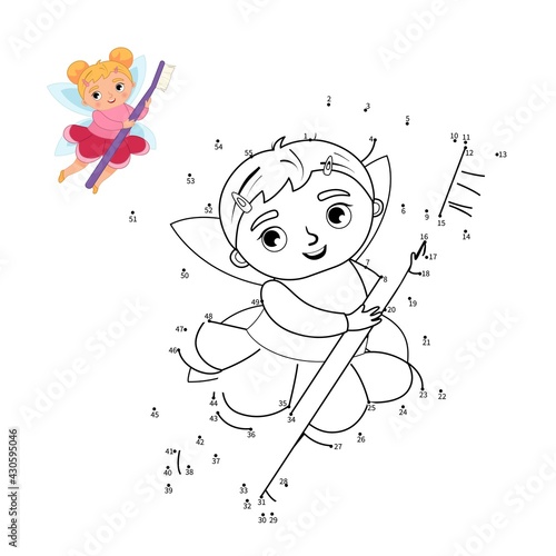 Educational game for kids. Dot to dot game for children. Cartoon tooth fairy with a toothbrush in his hands.