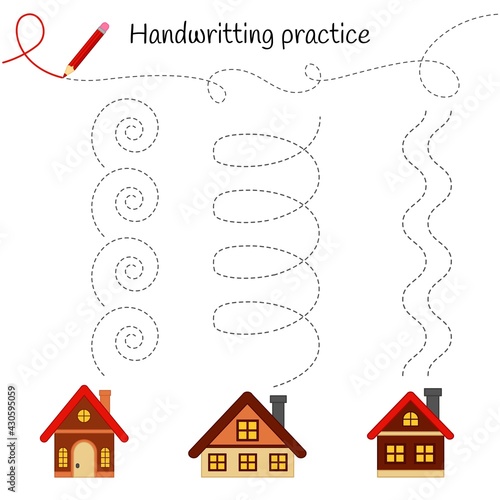 Handwriting practice sheet. Basic writing. Educational game for children. Draw smoke from the chimney of houses.
