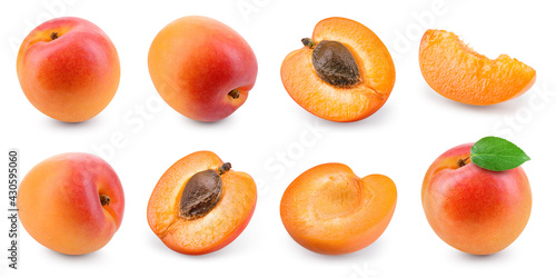 Apricot isolated. Apricots on white. Whole, half, slice apricots with leaf. Apricot set. Full depth of field.