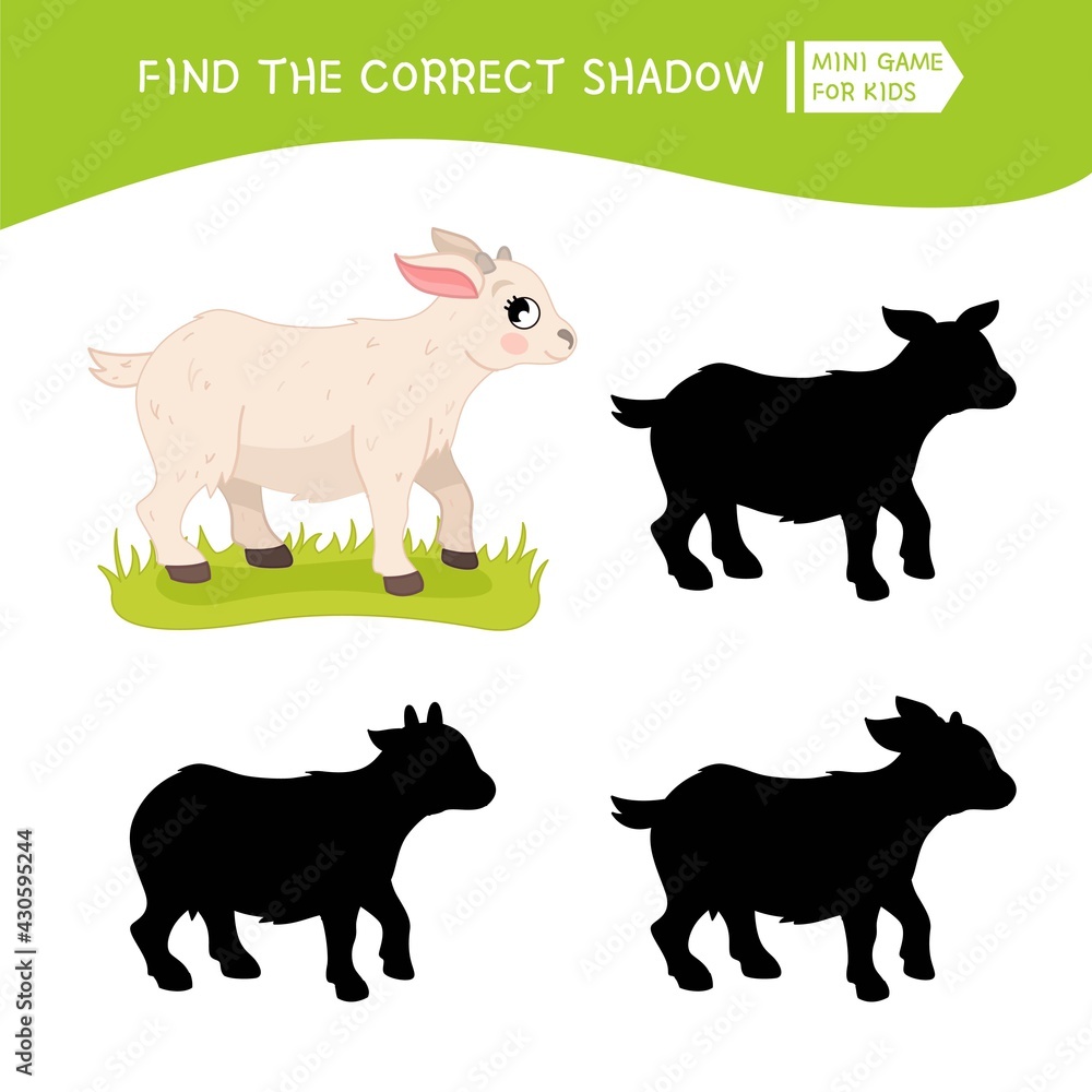 Educational  game for children. Find the right shadow. Kids activity with cute cartoon goat. Farm animals collection.
