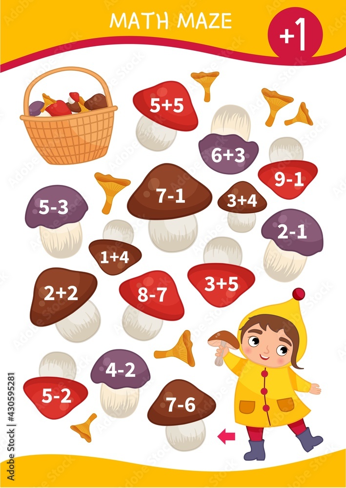 Math maze game for children. Help the girl to collect mushrooms in a basket.
Math maze game for children. Help the girl to collect mushrooms in a basket.