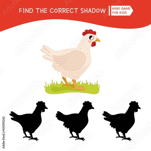 Educational game for children. Find the right shadow. Kids activity with cute cartoon hen. Farm animals collection.