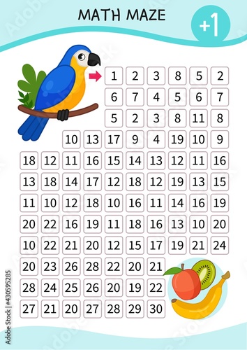 Math maze game for children. Help the parrot get fruit.
