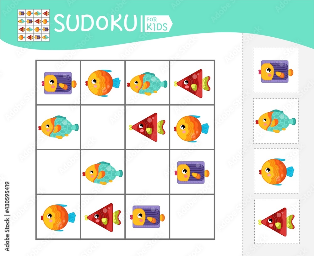 Sudoku game for children with pictures. Kids activity sheet. 