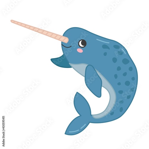 Collection of marine animals in cartoon style. Vector illustration of narwhal. 