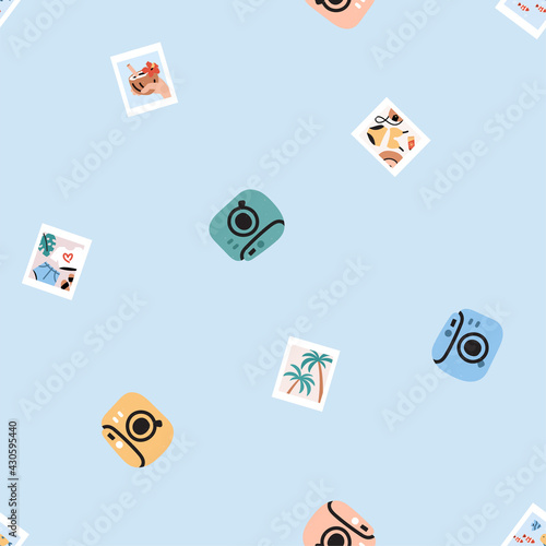 Seamless pattern design with instant cameras and photos of summer memories.  Seamless design with simple trendy illustrations