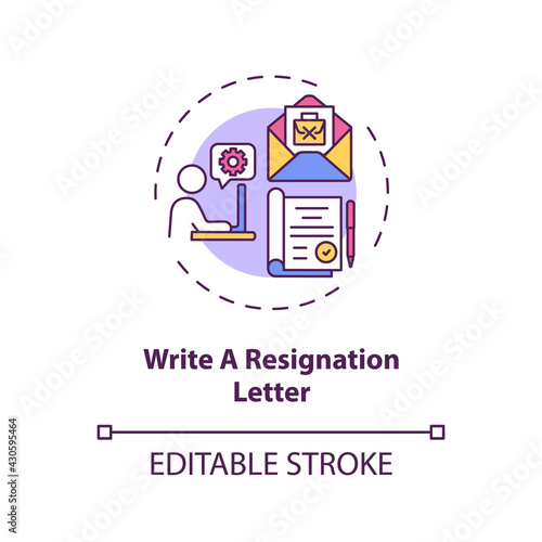 Write a resignation letter concept icon. Do first step idea thin line illustration. Explain transition reason. Put your position on paper. Vector isolated outline RGB color drawing. Editable stroke