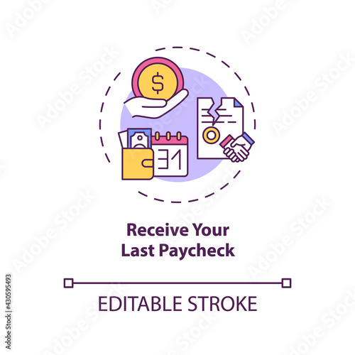 Receive your last paycheck concept icon. Get your earned money idea thin line illustration. Last resignation stage. Final salary. Vector isolated outline RGB color drawing. Editable stroke
