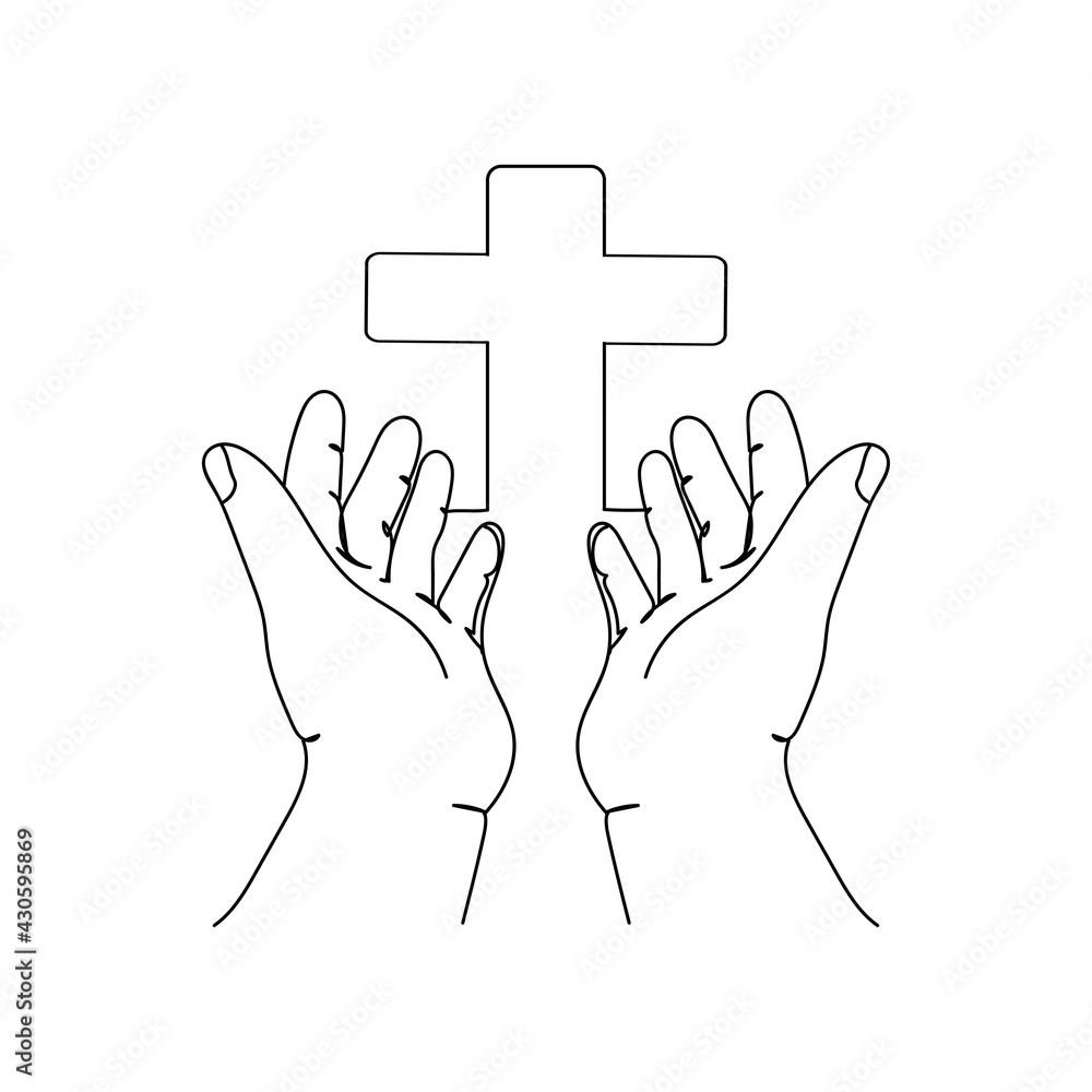 Continuous one line of human hands open palm up therapy bless god
