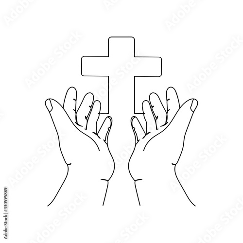 Continuous one line of human hands open palm up therapy bless god helping repent in silhouette. Minimal style. Perfect for cards, party invitations, posters, stickers, clothing.