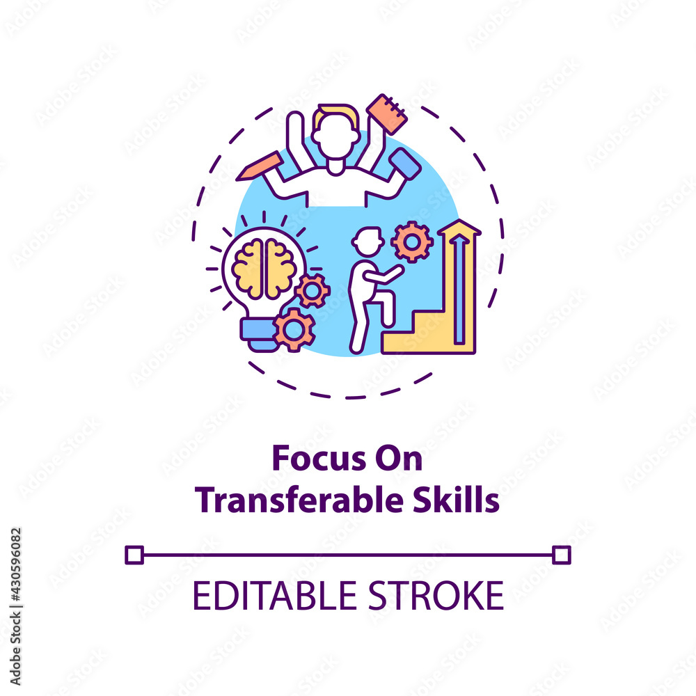 Focus on transferable skills concept icon. Portable skills idea thin line illustration. Transition job pros. Self-analysis. Mindstorm. Vector isolated outline RGB color drawing. Editable stroke Focus on transferable skills concept icon. Portable skills idea thin line illustration. Transition job pros. Self-analysis. Mindstorm. Vector isolated outline RGB color drawing. Editable stroke