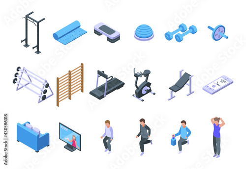 Home gym icons set. Isometric set of home gym vector icons for web design isolated on white background