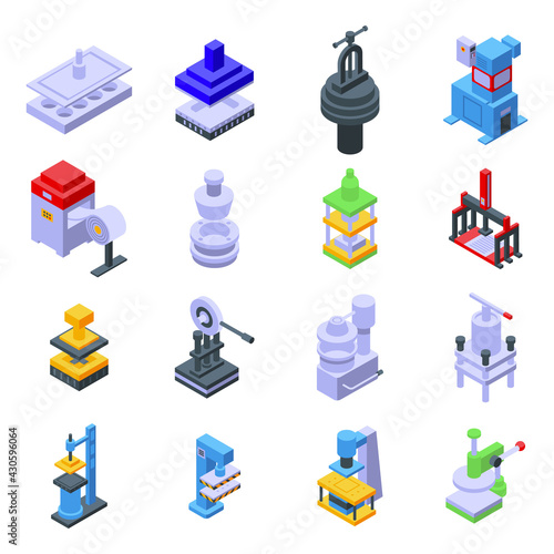Press form machines icons set. Isometric set of press form machines vector icons for web design isolated on white background