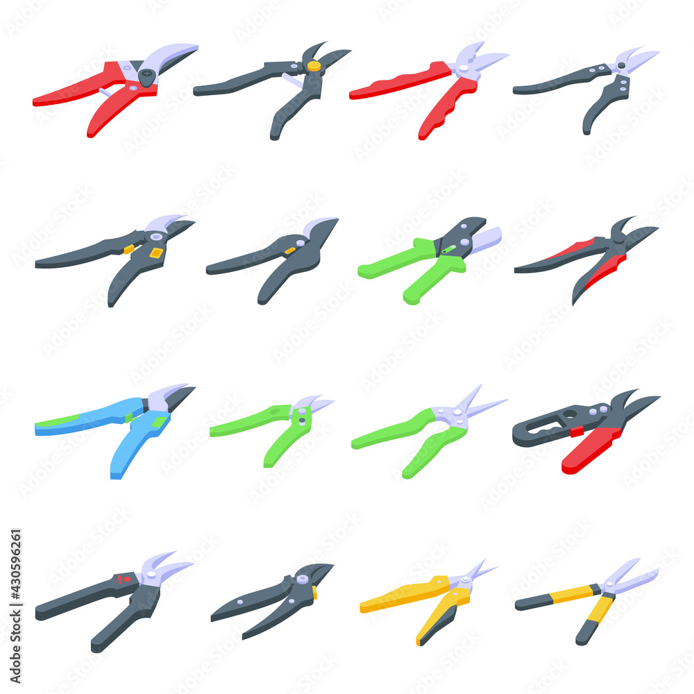Secateurs icons set. Isometric set of secateurs vector icons for web design isolated on white background Secateurs icons set. Isometric set of secateurs vector icons for web design isolated on white background