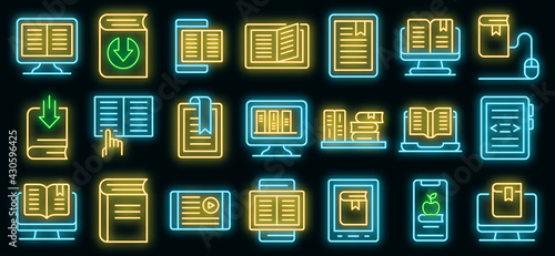 Ebook icons set. Outline set of ebook vector icons neon color on black