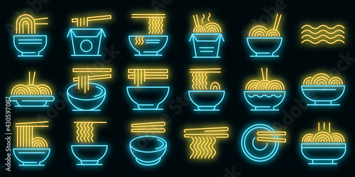 Ramen icons set. Outline set of ramen vector icons neon color on black