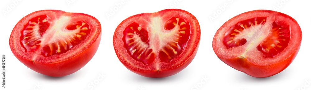 Tomato half isolated on white background. Tomato slice isolate. Tomatoes side view. Set of slice tomatoes. Clipping path. Tomato half isolated on white background. Tomato slice isolate. Tomatoes side view. Set of slice tomatoes. Clipping path.