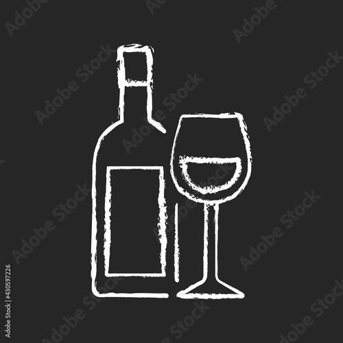 Wine chalk white icon on black background. Alcoholic drink. Wine bottle and glass. Serving beverage for backyard barbecue. Drinking in public places. Isolated vector chalkboard illustration