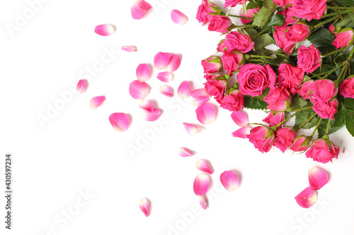 Flower arrangement of pink roses and petals on a white background. celebration for the bride wedding invitation