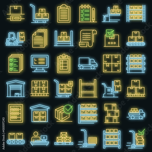 Inventory icons set. Outline set of inventory vector icons neon color on black