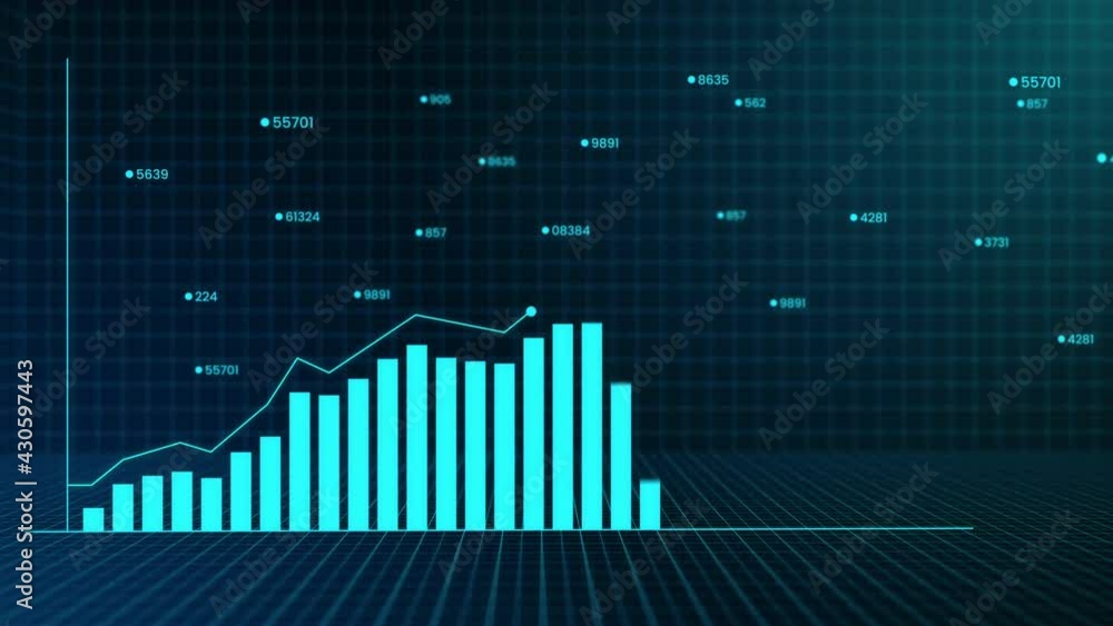 Growing business bar chart digital concept. Hi-tech style technology chart with a grid and random numbers. 3D rotation camera movement with depth of field. 4K resolution animation.
