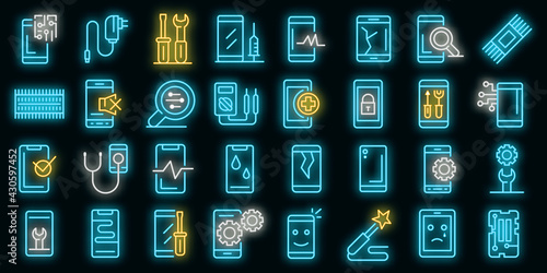 Mobile phone repair icons set. Outline set of mobile phone repair vector icons neon color on black