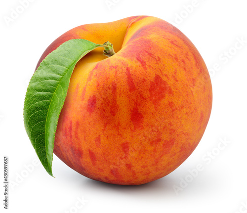 Peach isolated. Peach with leaf on white background. Full depth of field.