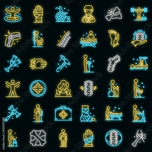 Chiropractor icons set. Outline set of chiropractor vector icons neon color on black