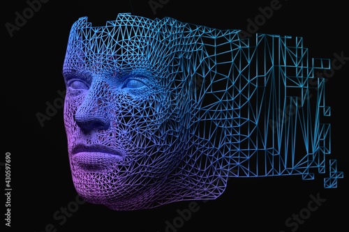 Futuristic  human head made up from polygons. Concept of artificial intelligence. 3D render / rendering.