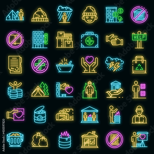 Homeless shelter icons set. Outline set of homeless shelter vector icons neon color on black