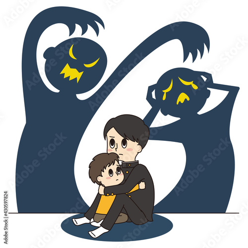 お兄ちゃんがきょうだいを暴力や不安から守っているイラスト