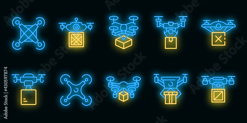 Drone delivery service icons set. Outline set of drone delivery service vector icons neon color on black