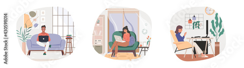 Distance learning online education. Man and woman studying with laptop, female caucasian student looking at laptop with e-learning. Startup business and self employed concept. Remote work