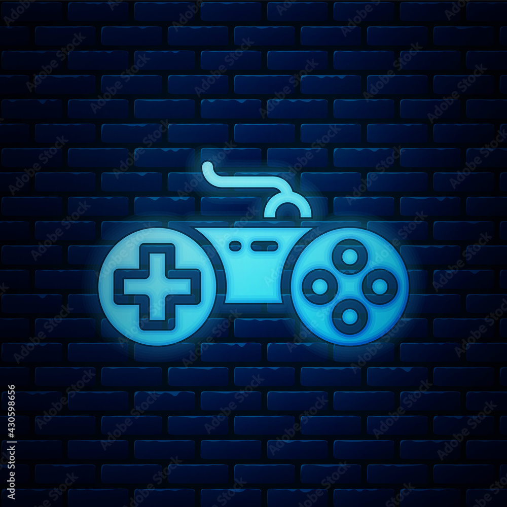 Premium Vector  Neon game joystick icon, glowing joystick on a brick wall  background, vector illustration