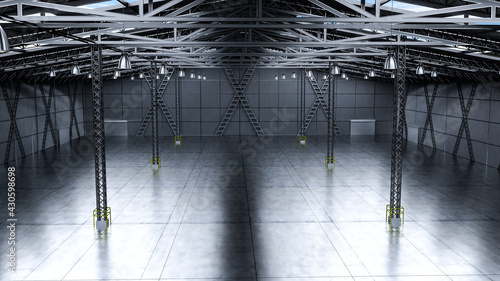 Empty warehouse with several pillars and hanging lamps - 3D illustration