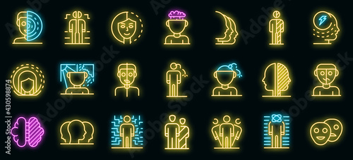 Bipolar disorder icons set. Outline set of bipolar disorder vector icons neon color on black
