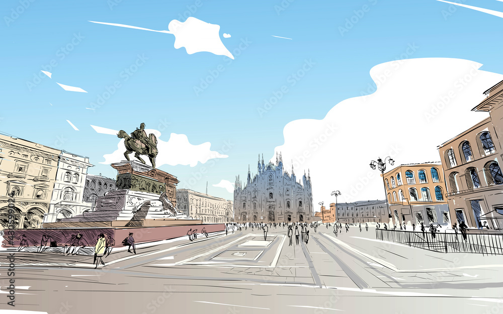 Piazza del Duomo. Milan Cathedral. Victor Emanuel II Gallery. Hand ...