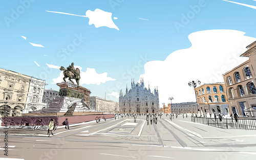 Piazza del Duomo. Milan Cathedral. Victor Emanuel II Gallery. Hand drawn sketch. Vector illustration.