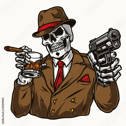 Vintage colorful concept of skeleton gangster