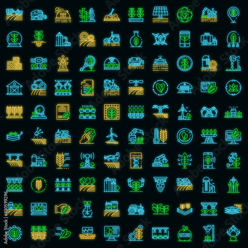 Farming robot icons set. Outline set of farming robot vector icons neon color on black