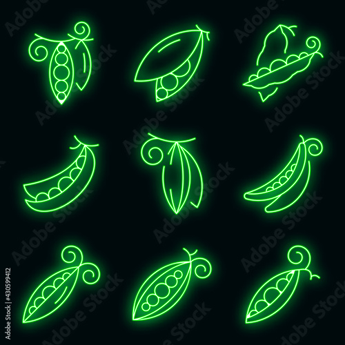 Peas icons set. Outline set of peas vector icons neon color on black